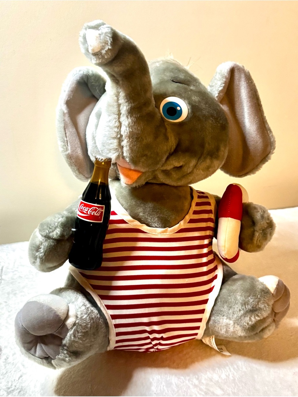 Vintage 1993 Authentic Coca Cola Elephant Toy in Gray with Red Striped Outfit